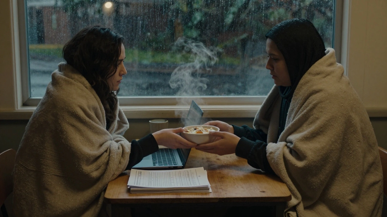 A volunteer serving a hot meal to someone experiencing homelessness in a quiet shelter setting.