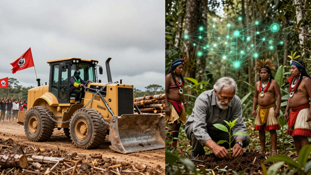 Contrasting scenes of Greenpeace protest and WWF conservation in nature.