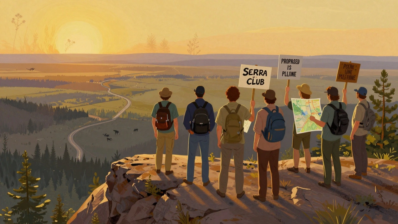 Diverse group of people on a ridge overlooking a pipeline route in a wild landscape