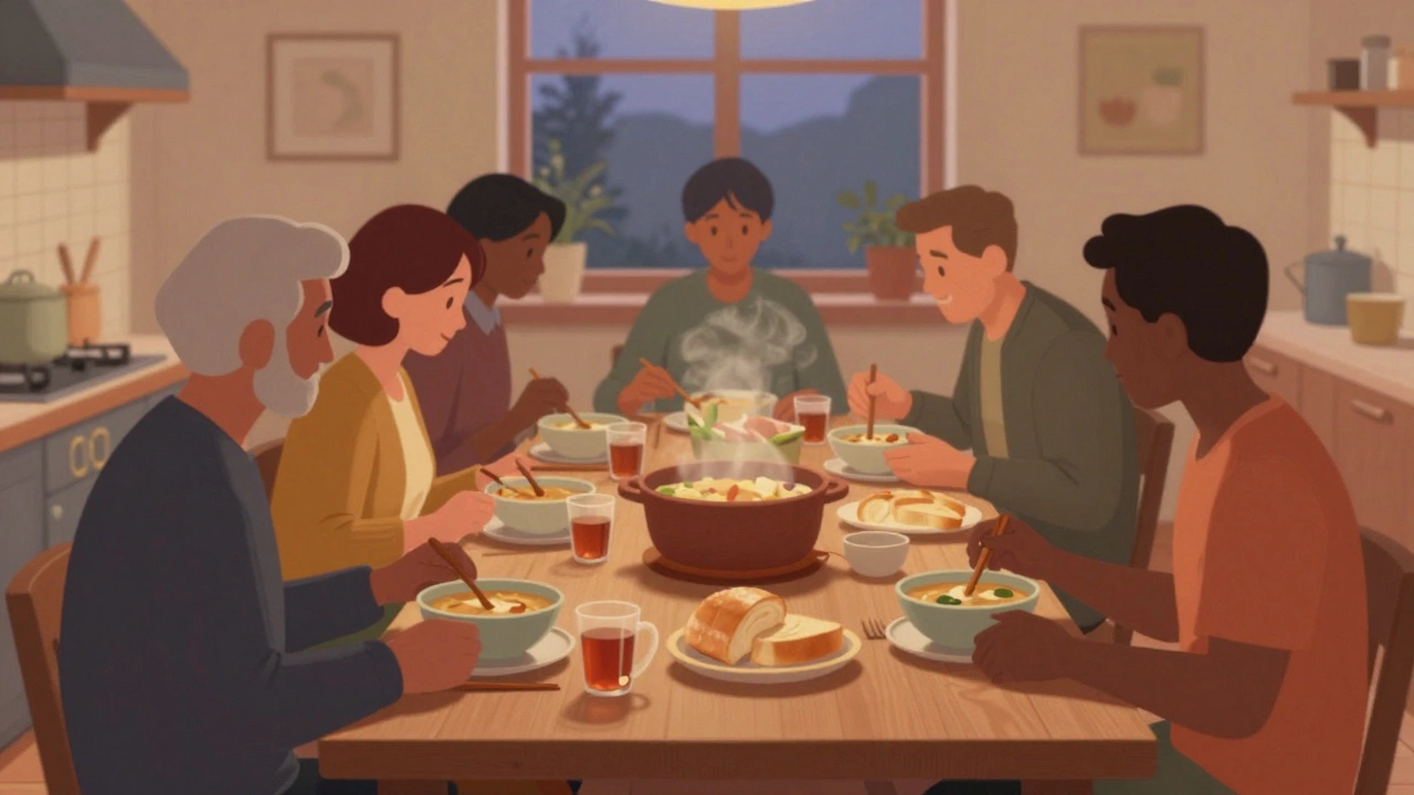 Diverse group sharing a warm meal at a community kitchen table at dusk.