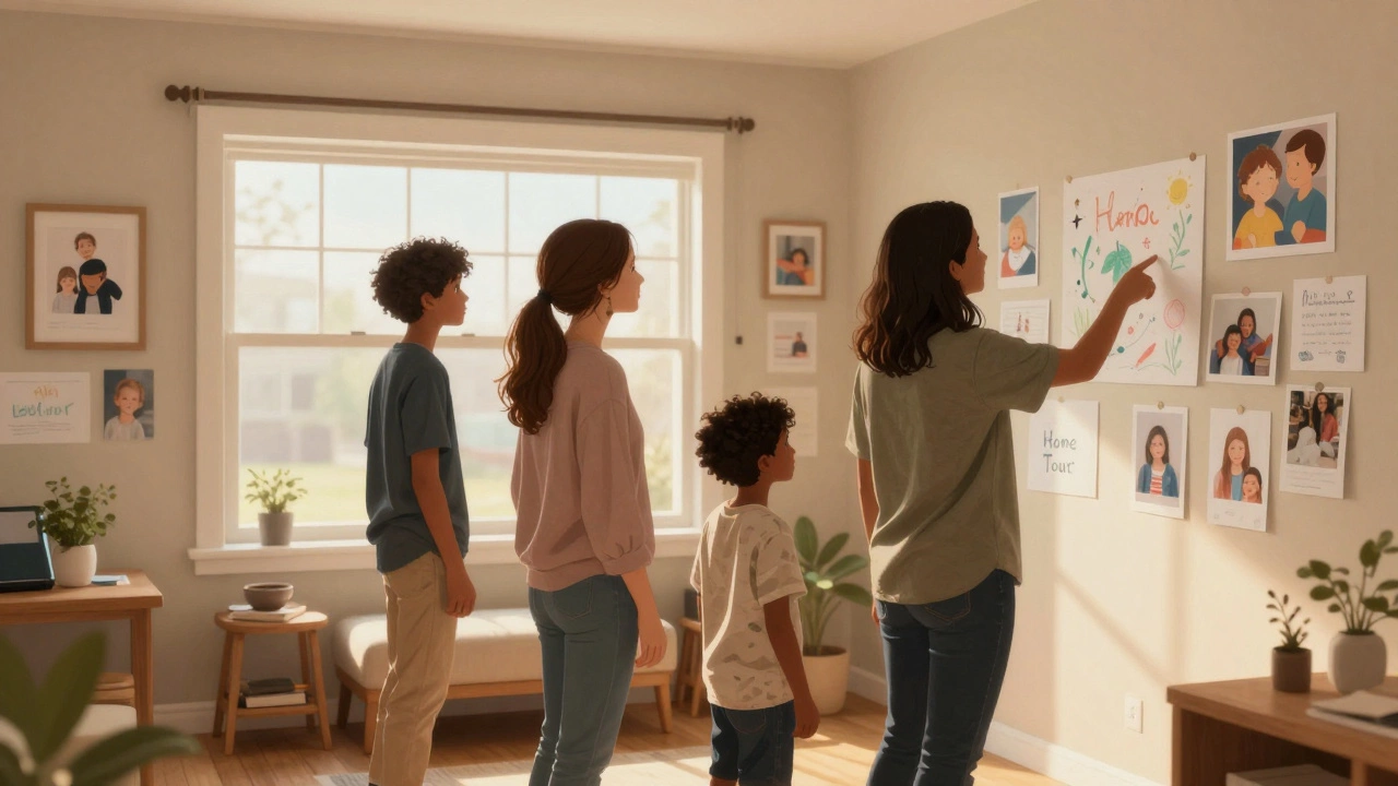 Donors touring a home decorated with photos of a family helped by a nonprofit, sharing a quiet moment of connection.