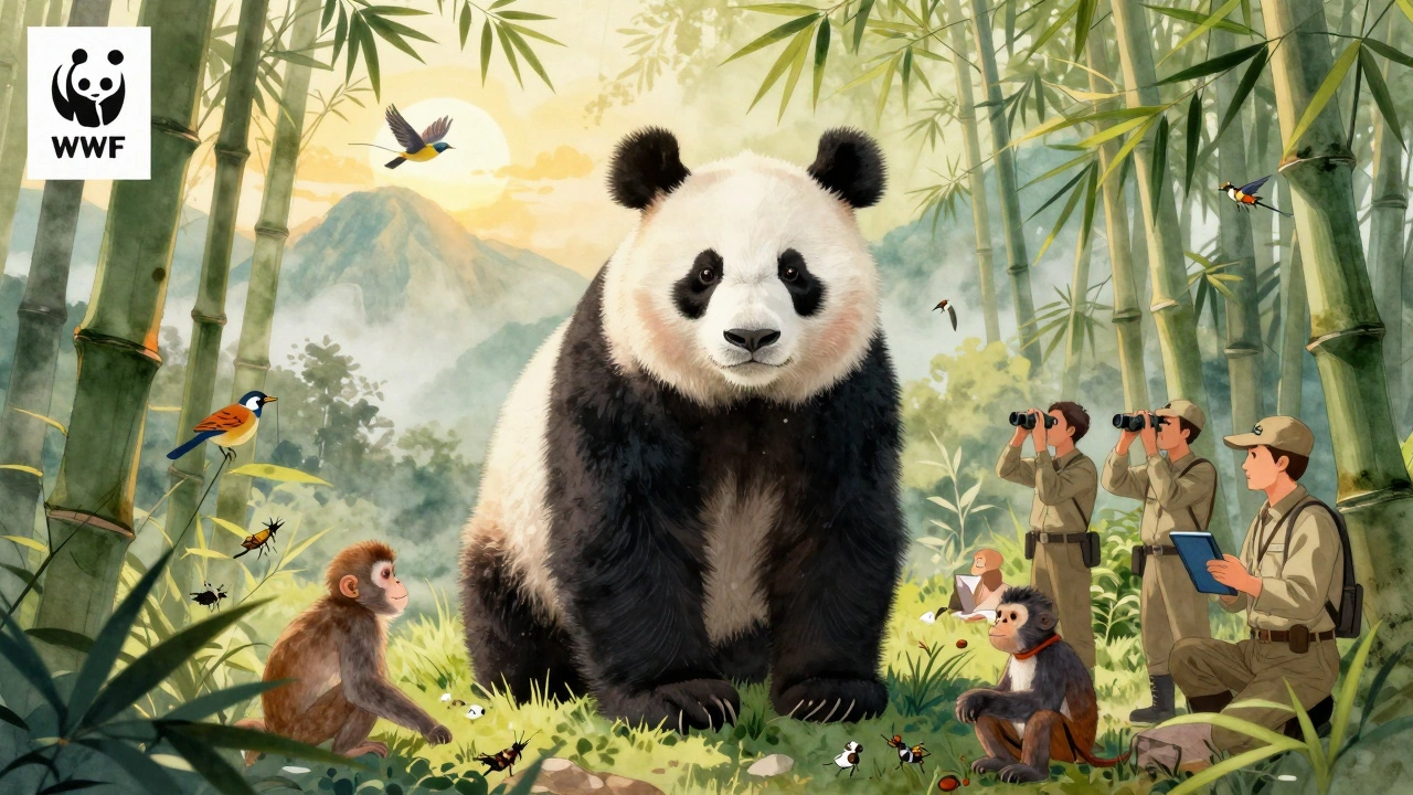 Giant panda in restored bamboo forest with scientists and rangers nearby.