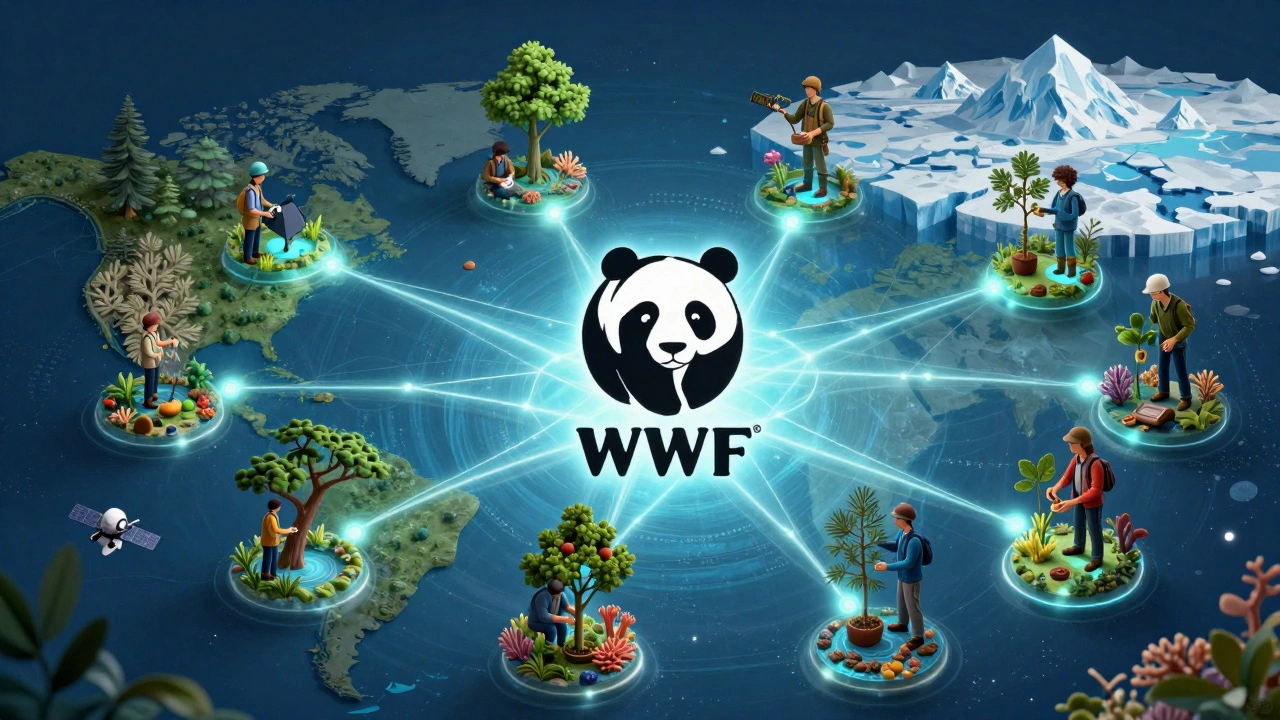 Panda logo connected by glowing threads to forests, reefs, and ice across the globe