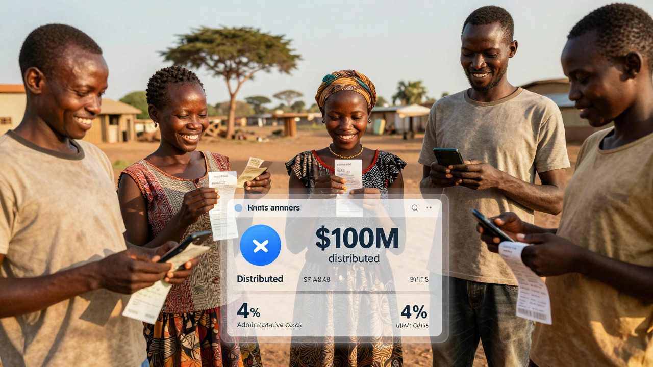 People in Kenya receiving cash donations via mobile phone in rural village