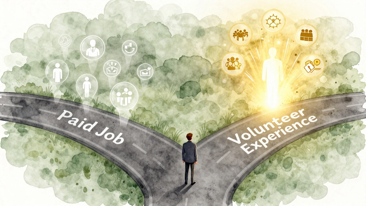 Person choosing a glowing path of volunteer experience over a dull job path