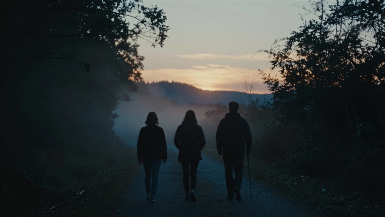 Silhouettes of walkers on a hillside trail at sunset, enjoying peaceful companionship in nature.