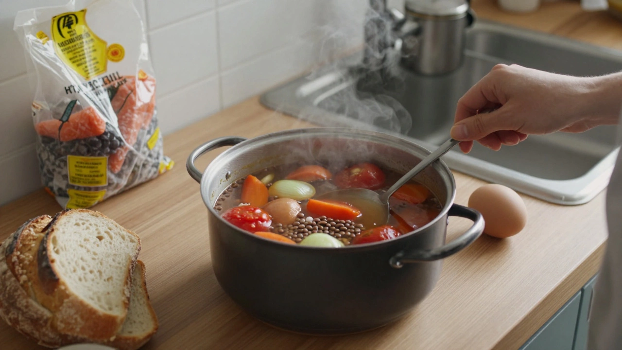 Simple home cooking with canned tomatoes, lentils, and discounted vegetables on a kitchen counter.