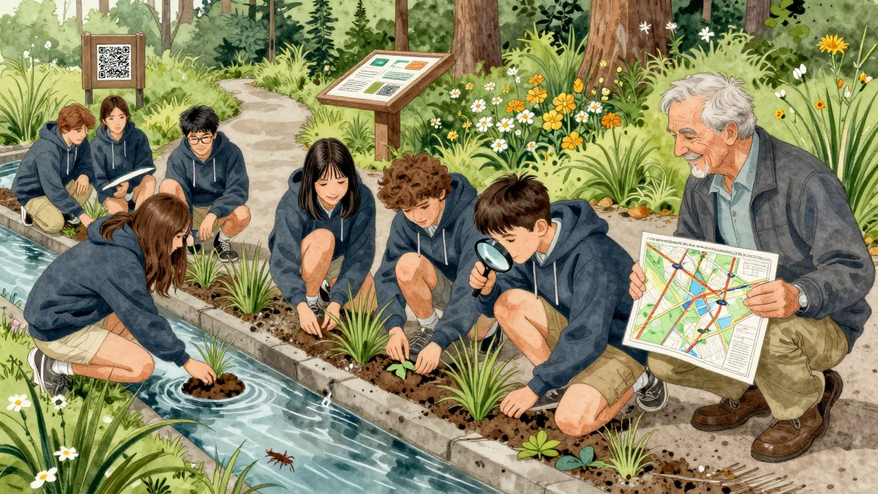 Students planting native plants along a restored urban creek in Portland, Oregon.