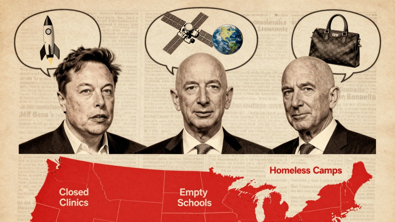 Three billionaires&#039; faces with luxury symbols above a map showing closed clinics and empty schools.