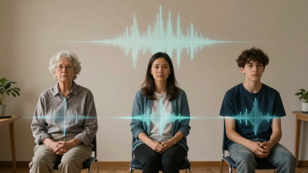 Three generations in therapy, each with faint glowing gene patterns, their shadows forming a balanced waveform.