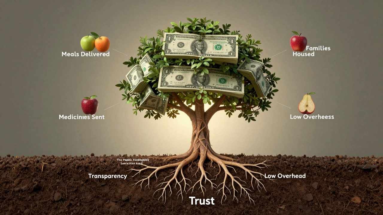 Tree with dollar bill roots growing into impact fruits like meals and forests