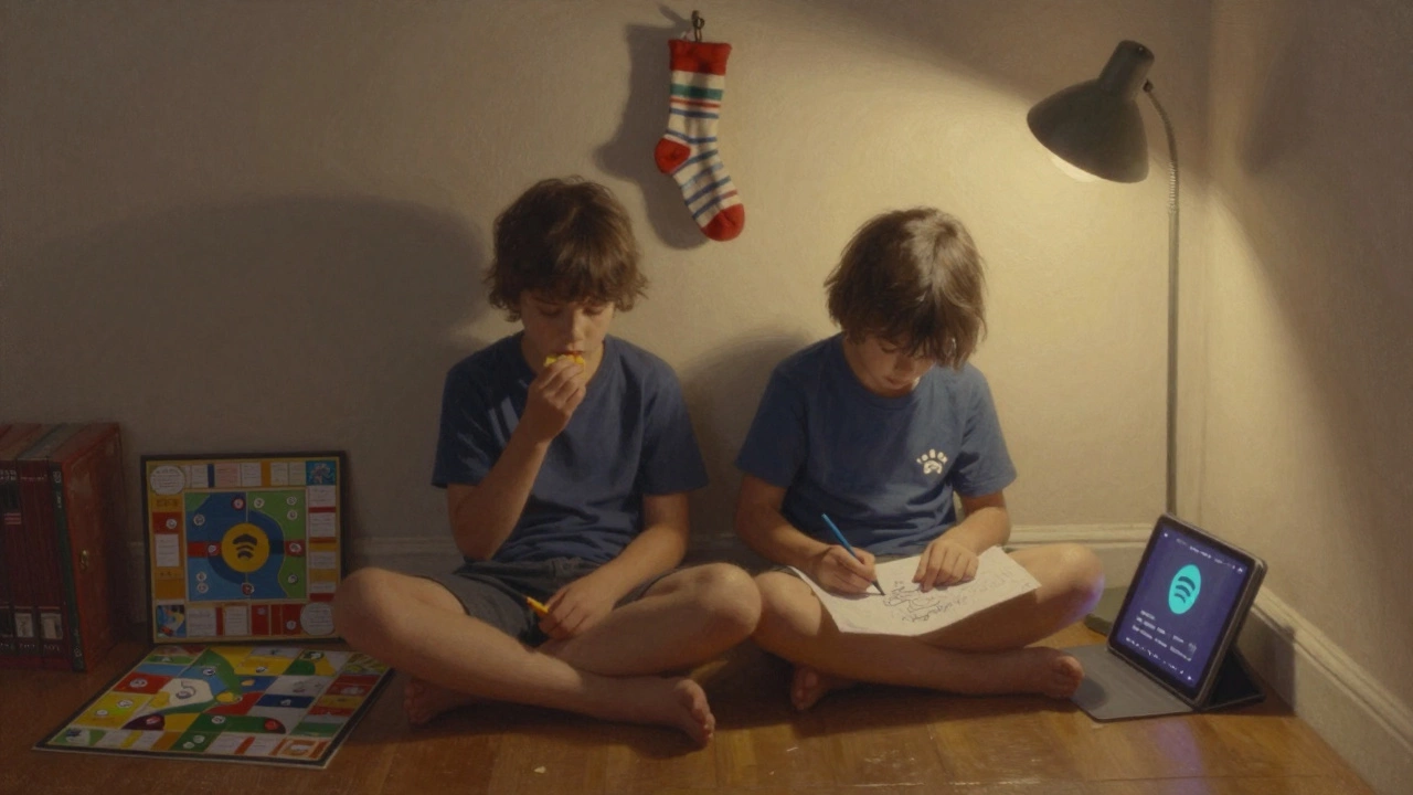 Two quiet kids sit side by side after school, one eating, one coloring, in a calm, lamp-lit corner of the club.