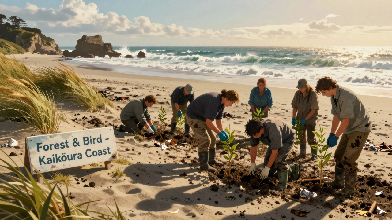 Volunteers planting native seedlings on a polluted coastal beach during a community restoration day.
