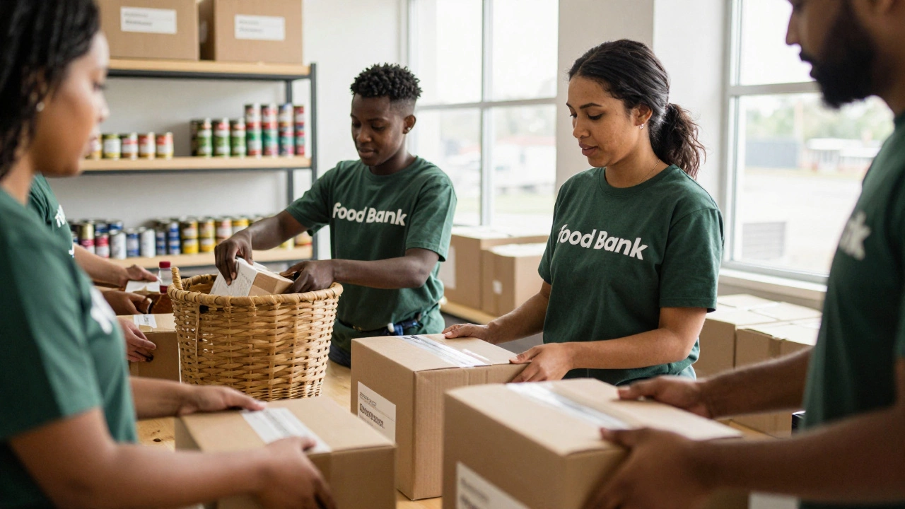 Volunteers sorting food donations at a local food bank, working side by side in calm focus.