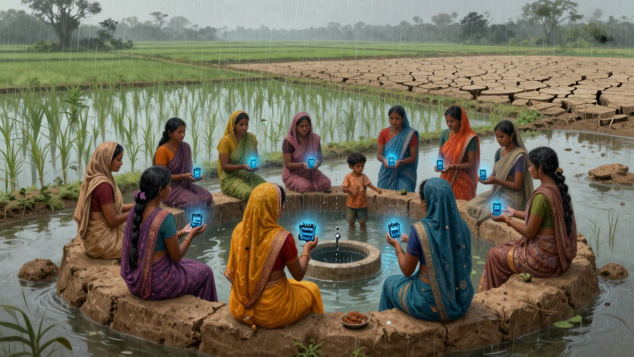 Women in Bangladesh monitoring soil salinity with DIY sensors near restored farmland.