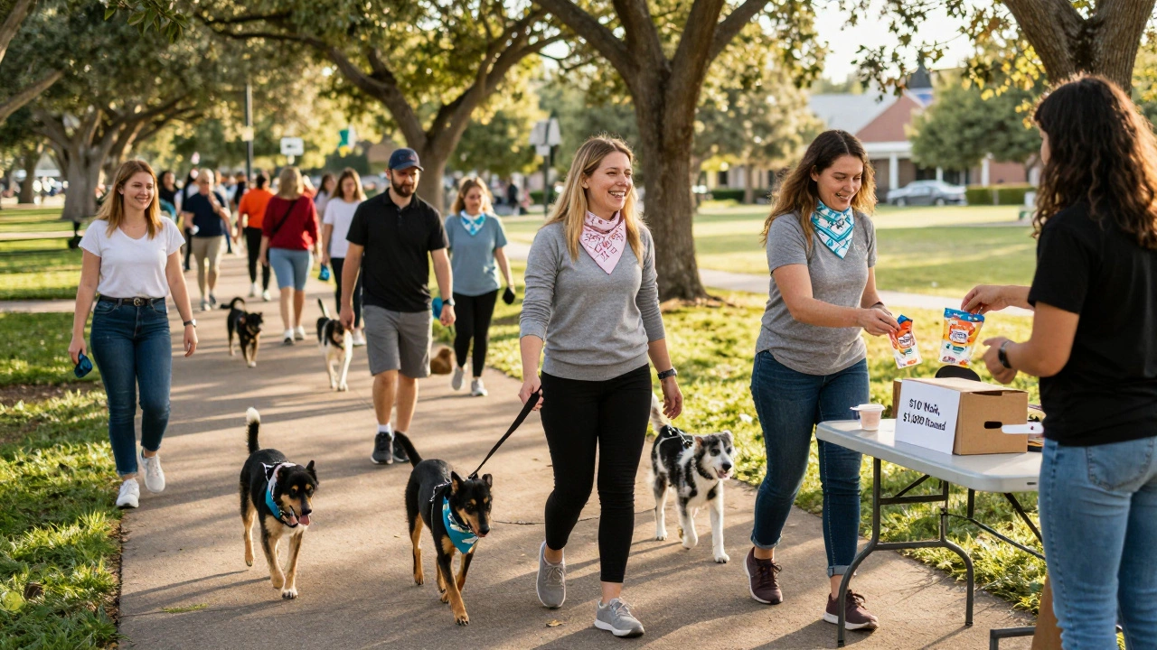 Community members walking dogs in a park during a low-cost Puppy Walk fundraiser.