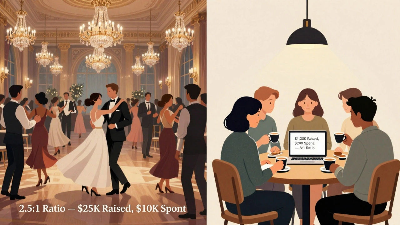 Contrast between expensive gala and simple coffee morning fundraiser with financial ratios.