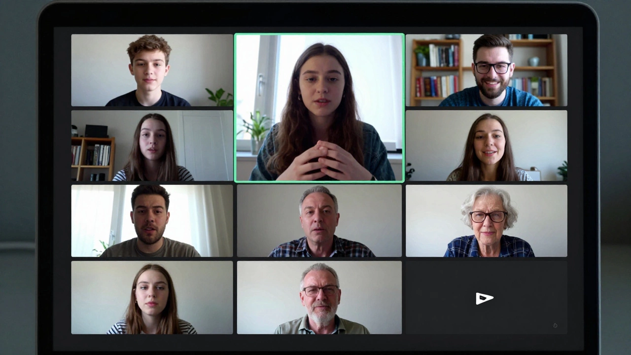 Diverse individuals connected via Zoom in an online support group, sharing quiet moments of understanding.