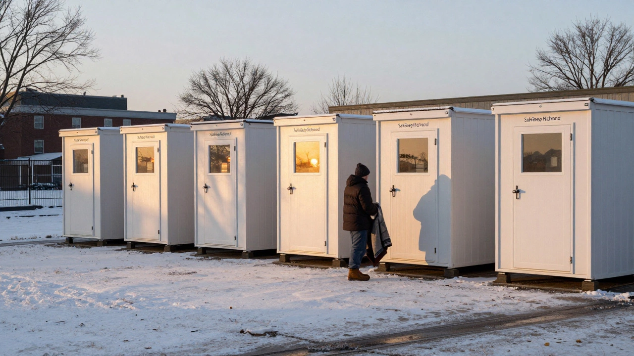 Five small insulated housing pods with glowing windows on a snowy lot at dawn in Richmond.