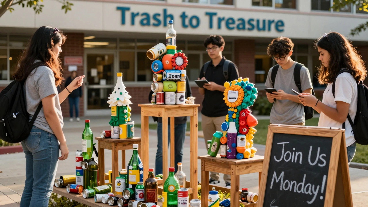 Recycled art sculptures displayed outside a school library with curious onlookers