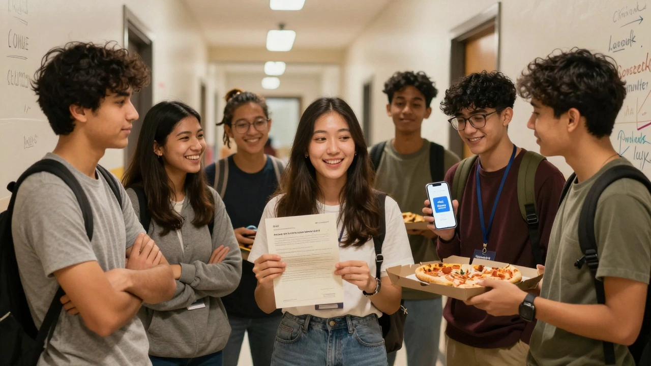 Students celebrating club achievements with a recommendation letter and digital badge
