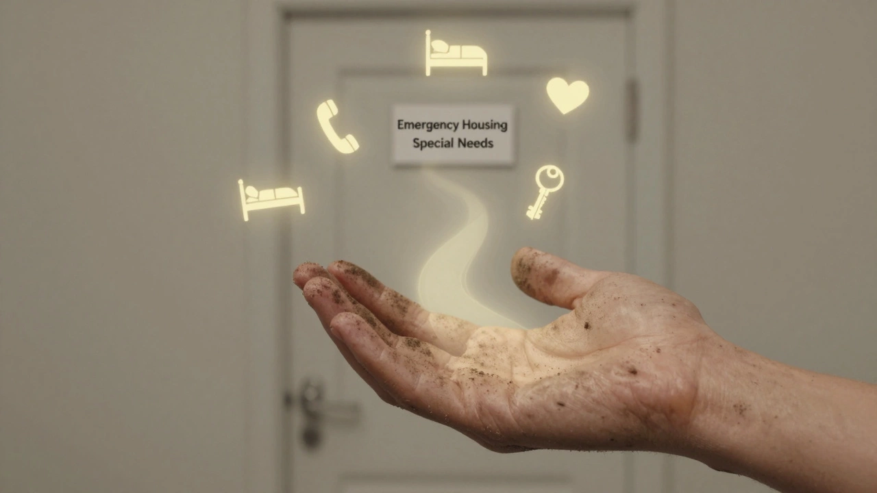 Two hands join, glowing path leading to a door symbolizing emergency housing and hope.