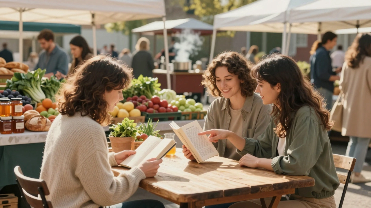 Two women smiling at each other over a book at a farmers market table.