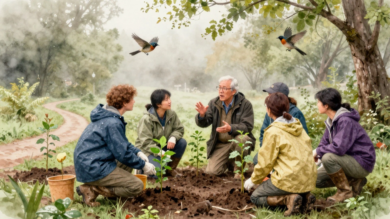 Volunteers planting trees together in a misty nature park morning.