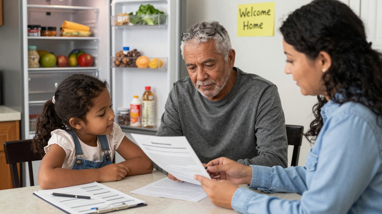 A case manager helps a veteran and child review their lease at a kitchen table, with a 'Welcome Home' note on the wall.