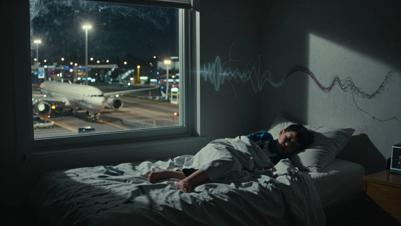A child sleeping in a room flooded with airport lights, surrounded by visible sound waves of stress.