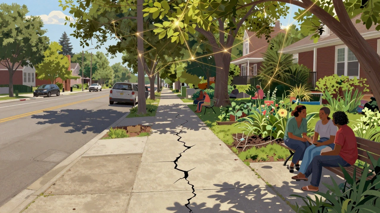 A cracked sidewalk dividing barren land from a vibrant green community garden with people talking.