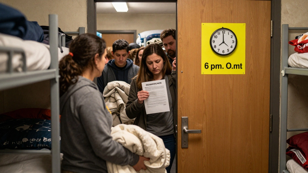 A crowded shelter where people are turned away at the door as the clock passes 6 p.m.