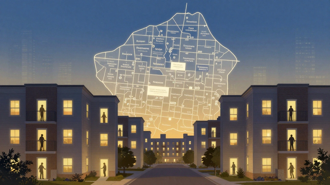 A glowing city map shows neighborhoods where rapid rehousing programs have placed people into stable housing.