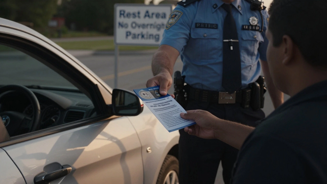 A police officer handing a pamphlet to someone in a parked car at dawn, with a no overnight parking sign nearby.