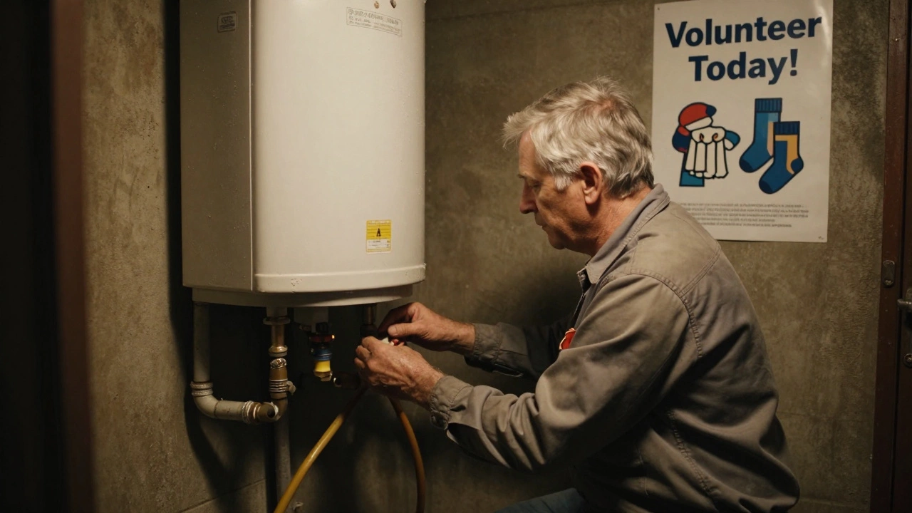 A retired engineer fixes a water heater alone, ignored by a poster promoting sock donations.