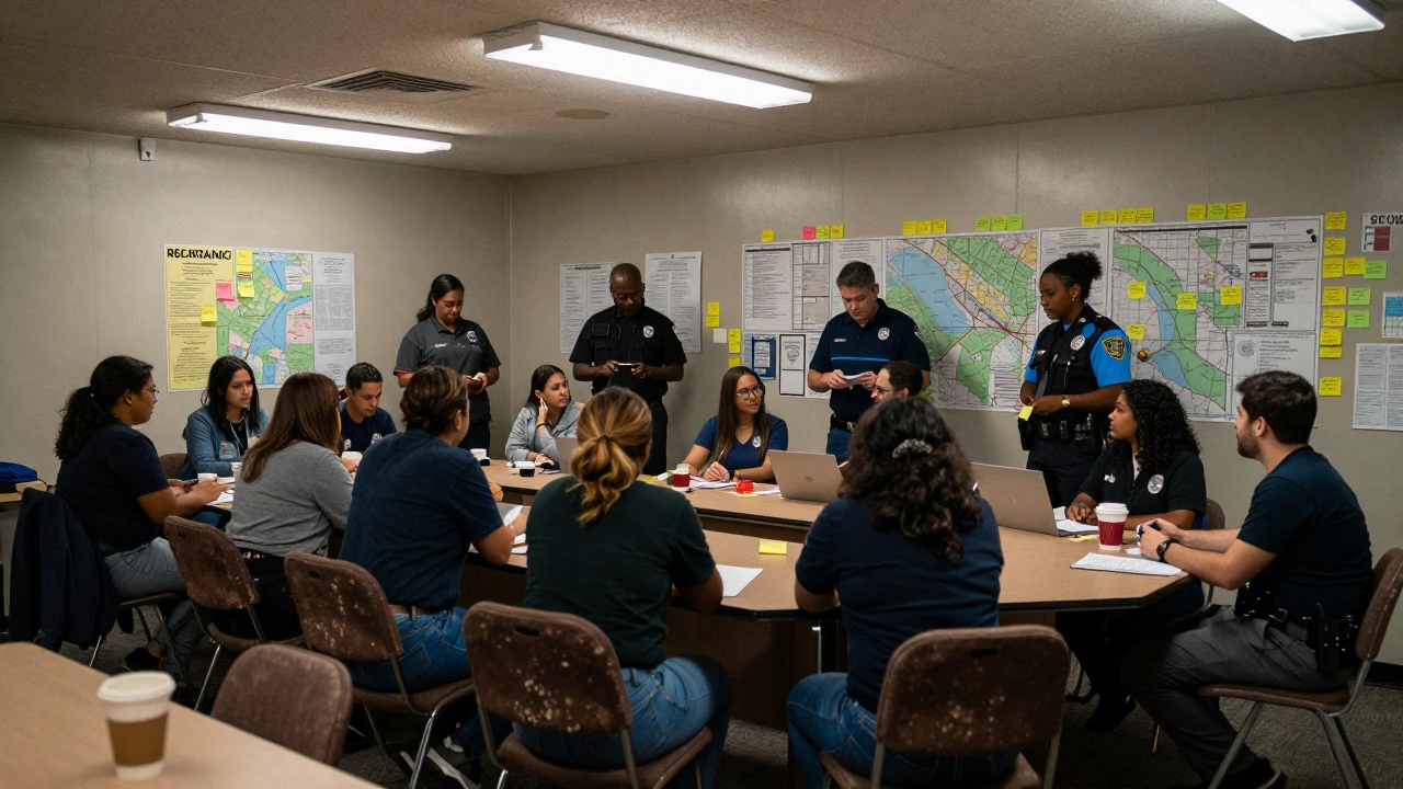 A team of outreach workers meets with multiple agencies in a community center, coordinating services on a wall covered in maps and notes.