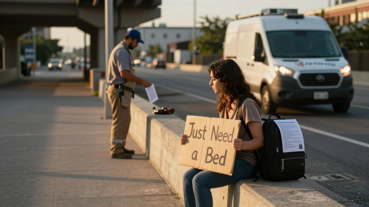 A woman on a highway overpass with a fine notice placed on her belongings as a van drives away.