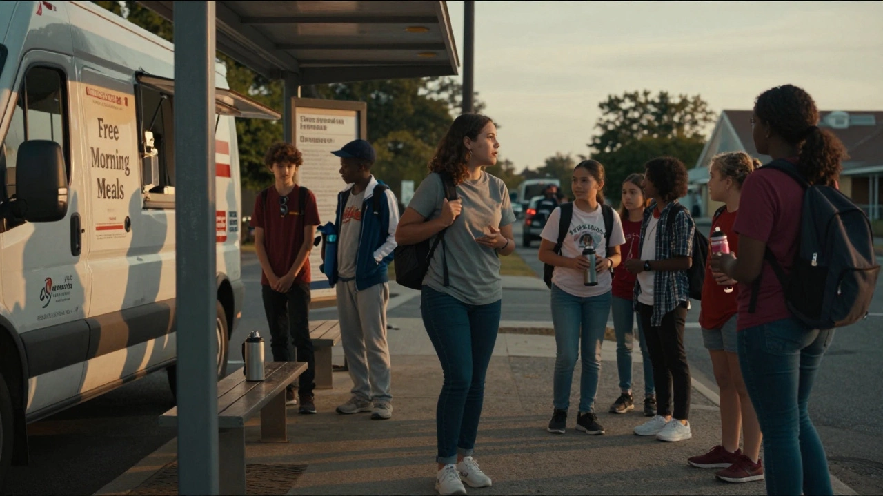 An outreach worker walks with teens near a bus stop as a mobile breakfast van serves children at dusk.