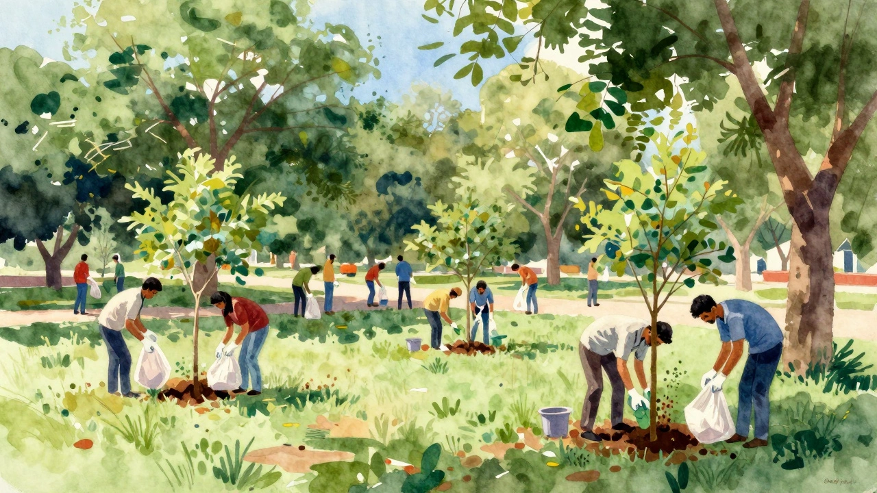 Diverse volunteers cleaning Mumbai park, planting trees