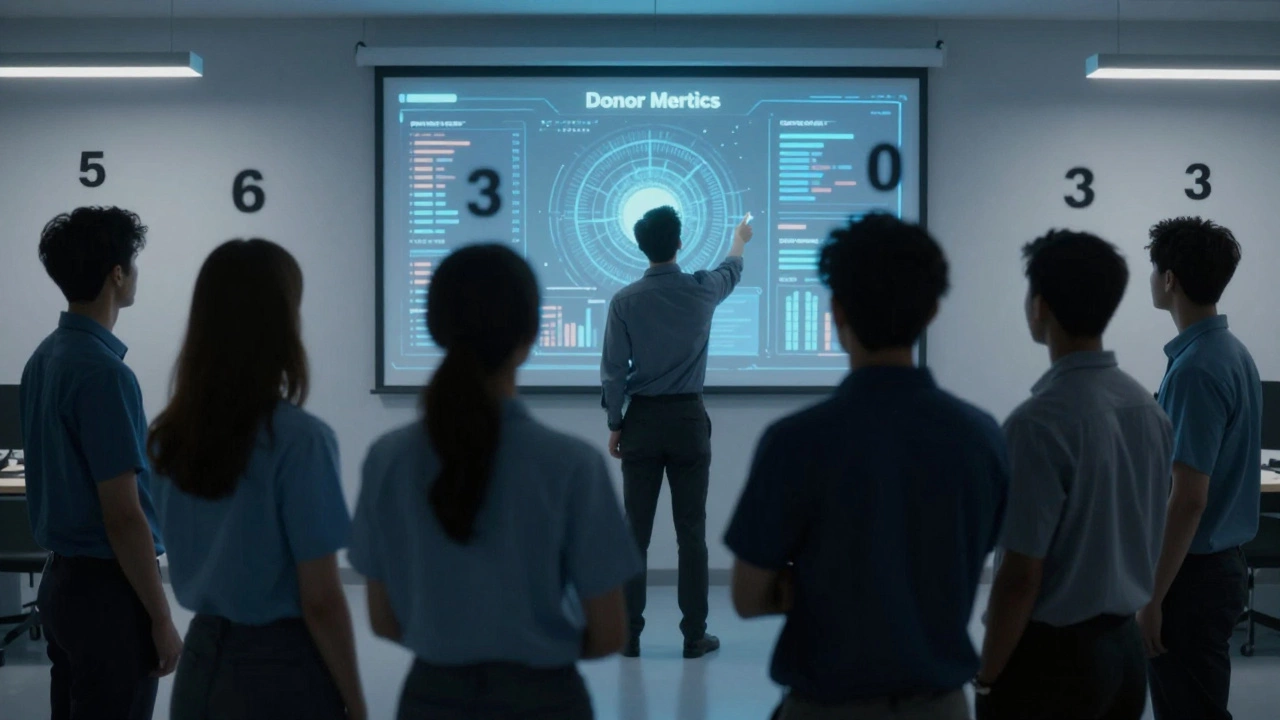 Faceless volunteers are reduced to numbers on a donor metrics dashboard.