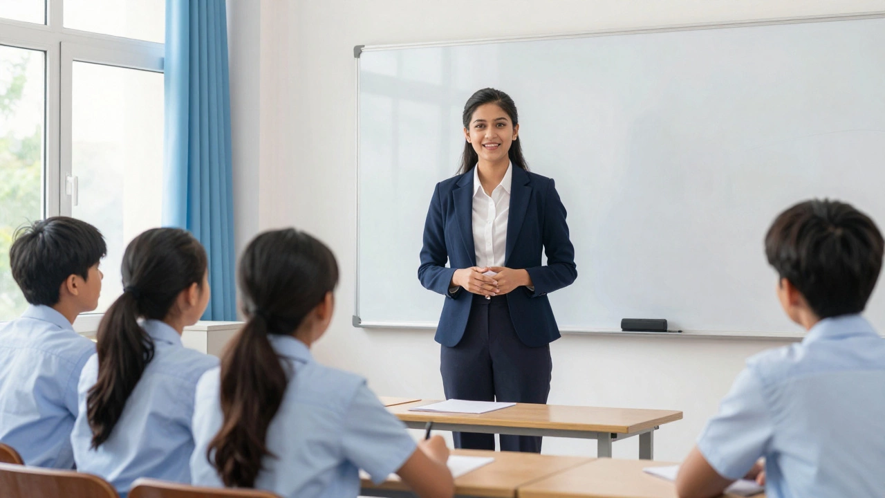 Young professional teaching students in a classroom