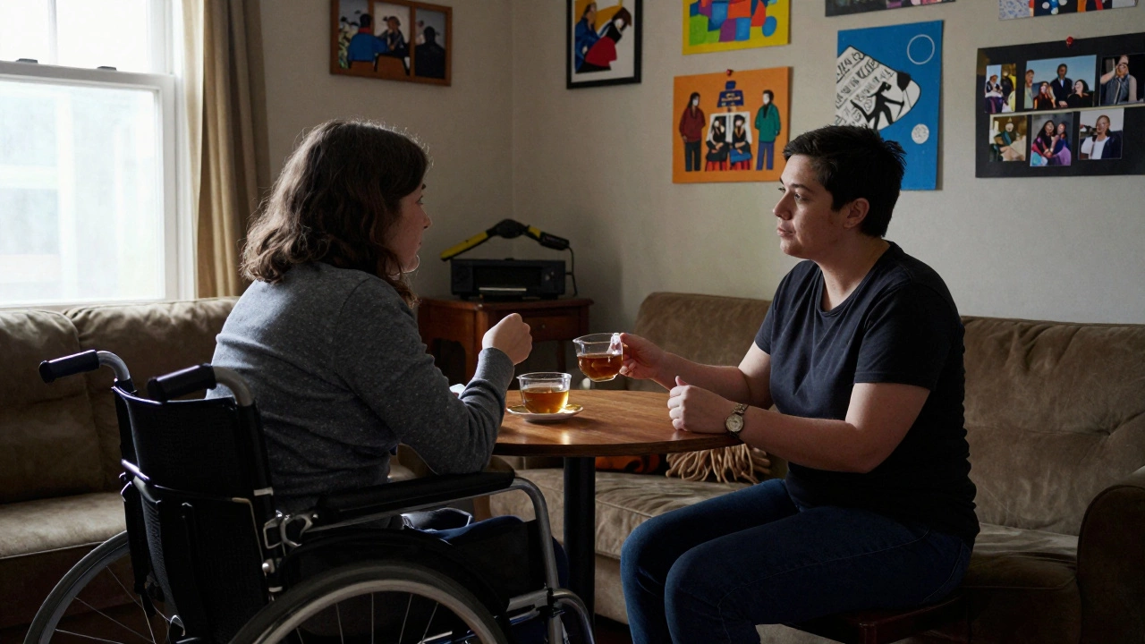 A peer support worker and resident sharing tea in a home, having a quiet, trusting conversation.