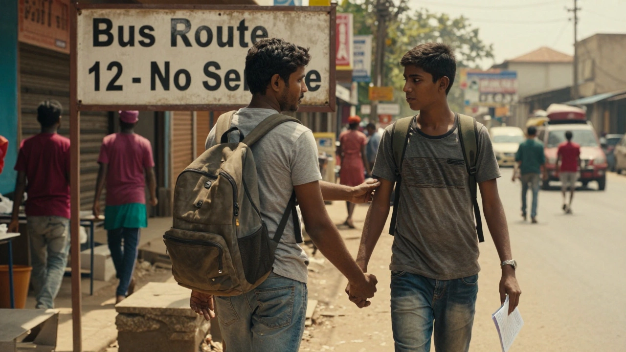 An outreach worker guides a teenager through a busy neighborhood toward a health center.