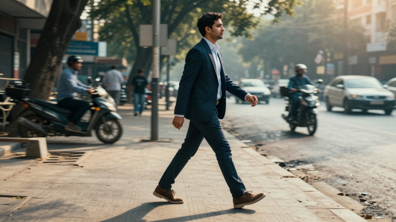 Confident person walking into sunlight on a city street.