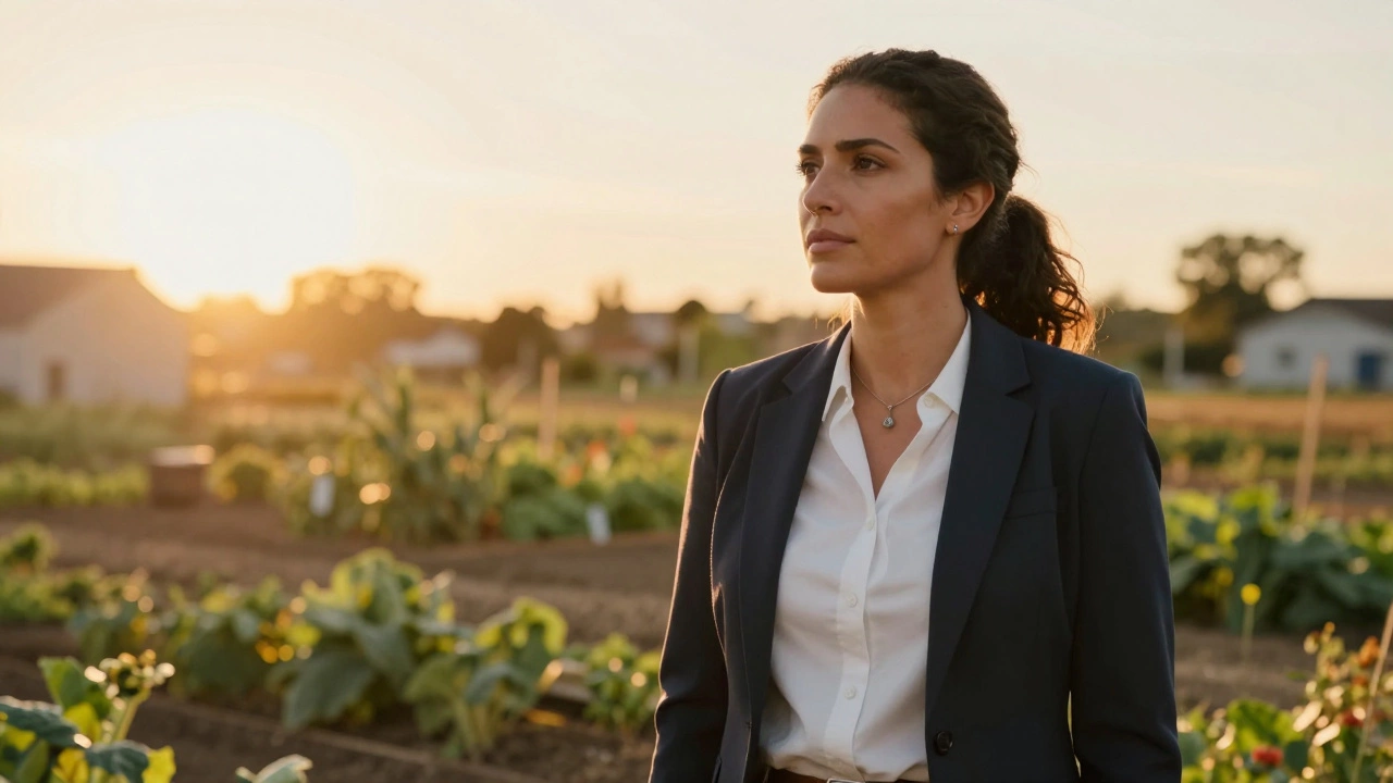 Confident professional standing in a field site at sunset.