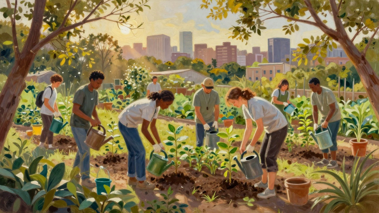 Diverse group volunteering together planting trees in a garden.