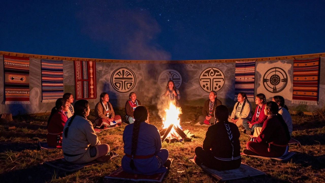 Indigenous community members gathered around a fire under the stars, listening to a traditional storyteller.