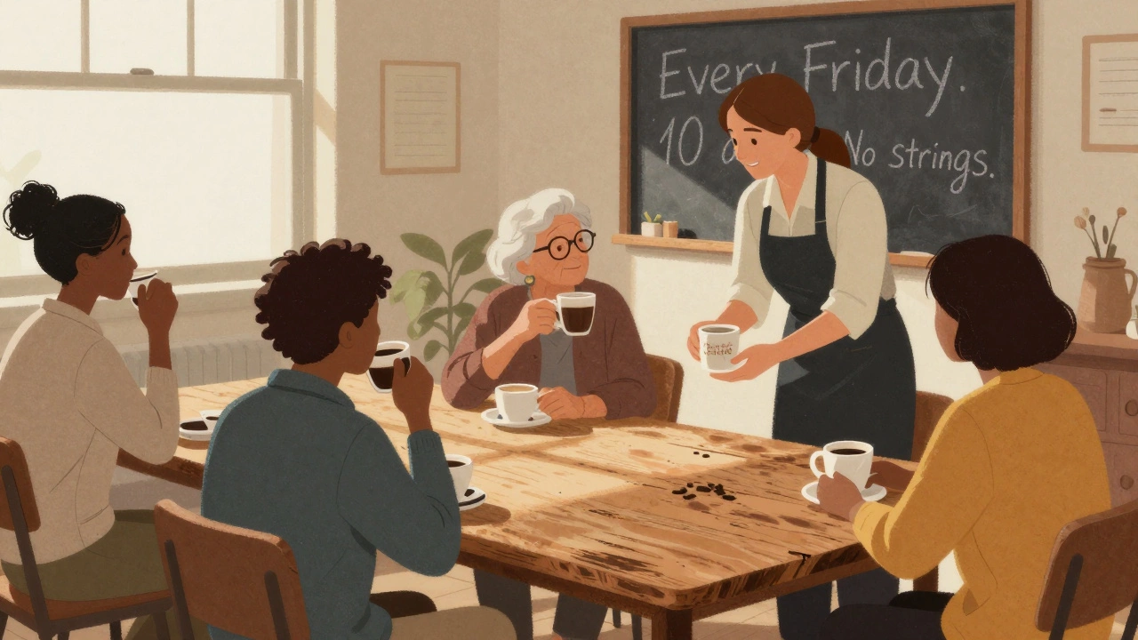 People sharing coffee at a weekly food bank event, forming bonds through routine and recognition.