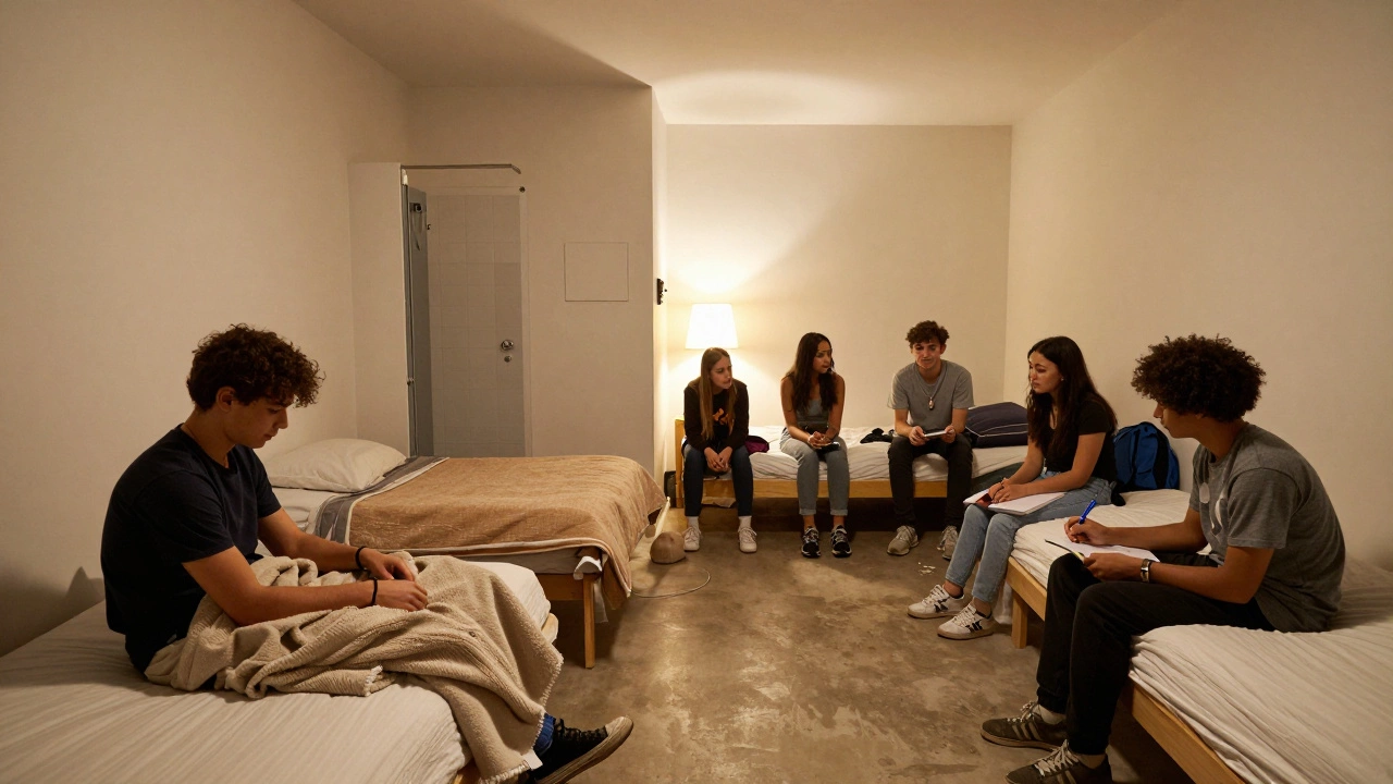 Teens resting in a safe, self-designed space with beds and quiet corners.