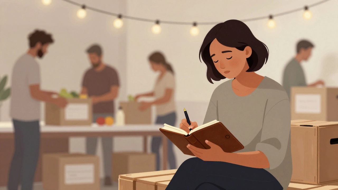 Volunteer writing notes in a journal during a busy event.